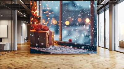 A small brown box with a red ribbon sits on a window sill covered in snow. The box is decorated with a red bow and he is a gift. The scene is set in a snowy winter day Wall mural