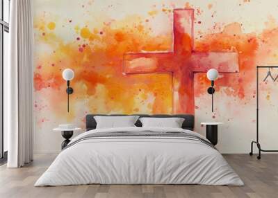 A watercolor painting of a cross with orange paint splatters Wall mural