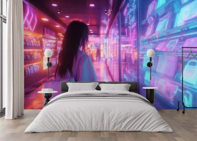 A woman is walking down a neon lit street with a neon sign in the background tha Wall mural