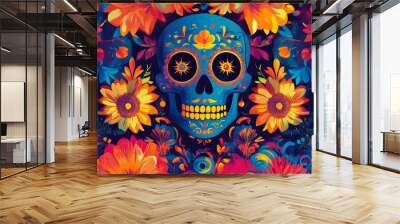 Abstract color background with Day of the Dead icons. Wall mural