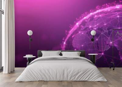 Abstract representation of a global digital network with interconnected points and lines glowing in pink on a dark background. Wall mural