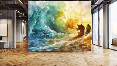 Abstract watercolor background enhancing the drama of Moses parting the Red Sea Wall mural