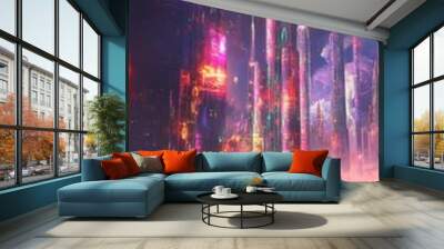 Artistic double exposure of a futuristic skyscraper, featuring neon lights and abstract design elements. Wall mural