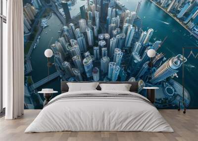 Bird's eye view of a modern waterfront city Wall mural