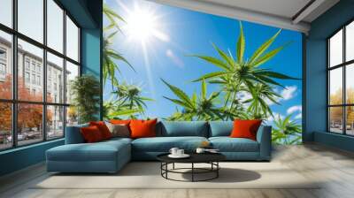 Cannabis leaves against a blue sky Wall mural