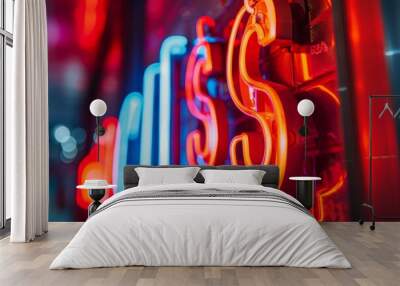 Close-up of a dollar sign on a neon signboard, financial concept Wall mural