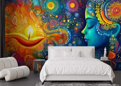 Conceptual Diwali art with vibrant patterns and surreal representations Wall mural