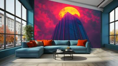 Dark silhouette of a skyscraper with vibrant synthwave colors, set against a vibrant sunset. Wall mural