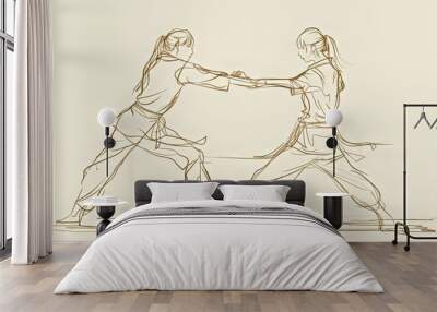 Delicate line drawing of two sisters practicing martial arts, capturing discipline and focus. Wall mural