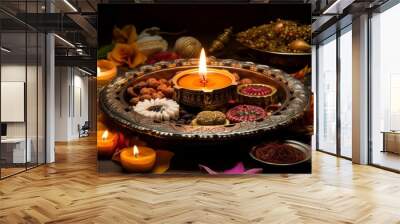 Diwali puja thali with sacred symbols Wall mural