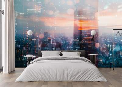 Double exposure of data-driven marketing and cityscape. Wall mural