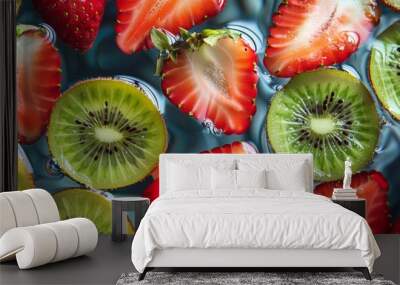 Floating slices of kiwi and strawberry in a colorful arrangement Wall mural