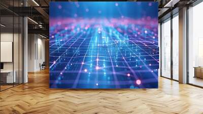 Futuristic grid pattern background with interconnected AI nodes and data streams, highlighting the computational power and efficiency of intelligent systems Wall mural