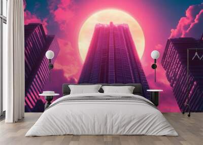 Futuristic skyscraper silhouetted against a glowing sky, in a synthwave style. Wall mural