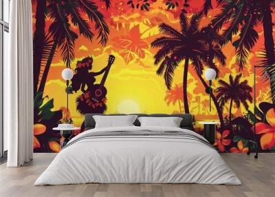 Hawaiian luau layout pattern of travel gear including a hula dancer Wall mural