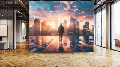 Modern back view image of a person walking towards the city skyline Wall mural