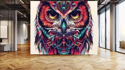 Owl head with minimalistic tribal patterns in bright colors. Wall mural