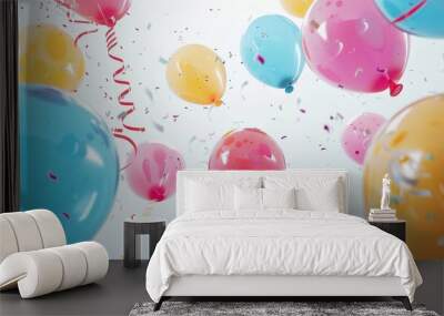 Playful image of amusement park balloons and streamers, floating against a bright white background Wall mural