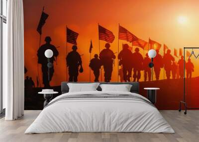 Silhouette of a patriotic parade with American flags. Wall mural