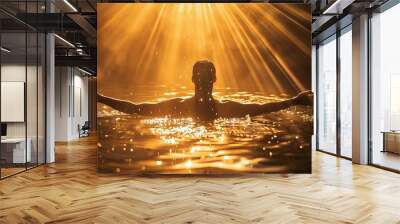 Silhouette of Christian baptism with light rays. Wall mural