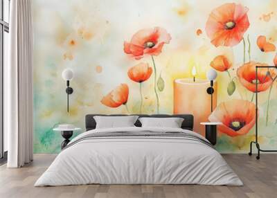 Soft watercolor painting of a remembrance candle with a softly blended backdrop of poppy blooms. Wall mural