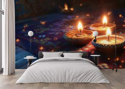 Three lit candles on a blue rug. The candles are lit and the light is warm and inviting Wall mural