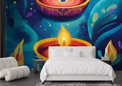 Two lit candles in two bowls, surrounded by colorful flowers and leaves. Scene is warm and inviting, with the candles and flowers creating a sense of celebration and relaxation Wall mural