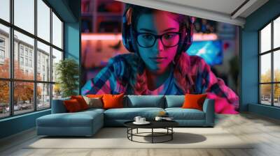 Young Woman Gamer Focused on Playing Video Games Wall mural