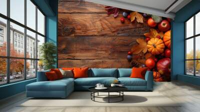 Autumn's Bounty on Rustic Wood: A vibrant symphony of fall colors with pumpkins, apples, and leaves on a textured wooden background, perfect for Thanksgiving and harvest themes.  Wall mural