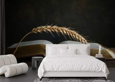 Barley stalk on an open Bible with golden pages, set against a dark background to represent harvest and spiritual themes Wall mural