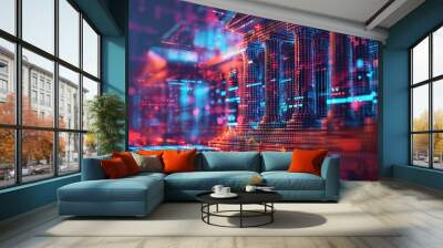 conceptual visualization of bank technology, with dynamic colors and digital interfaces showcasing the innovative solutions and digital services offered by modern bank Wall mural