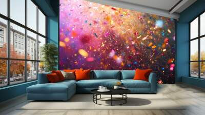 Confetti Celebration: A vibrant, colorful explosion of confetti against a backdrop of pink and purple light, evoking a sense of joyous celebration and festive spirit. Wall mural