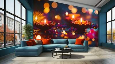 Diwali Lights Aglow: Clay diyas illuminate a festive scene, casting a warm glow amidst vibrant bokeh.  Wall mural