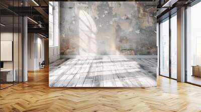 Empty a white Interior of vintage room without ceiling from gray grunge stone wall and old wood floor. Wall mural