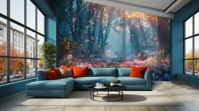 Enchanted forest with mystical lighting and colorful flora Wall mural