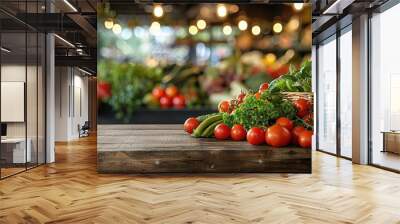 Food and groceries in shopping basket on wood table with blurred supermarket in background, panoramic banner Wall mural