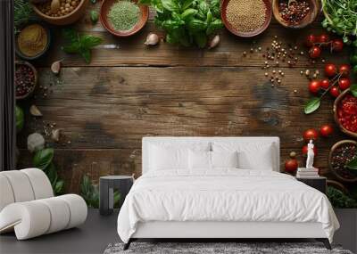 fresh organic ingredients arranged on a rustic wooden table Wall mural