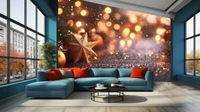 Golden Glimmer of Christmas Eve: A festive still life bathed in the warm glow of fairy lights, capturing the magic and sparkle of the holiday season.  Wall mural