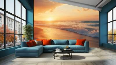 Golden Hour Serenity: Tranquil ocean waves lap at a sun-kissed shore as a vibrant sunset paints the sky in hues of gold and orange, evoking a sense of peace and wonder.  Wall mural