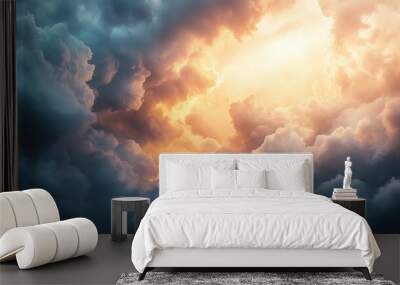 Golden Light Through Storm Clouds: A breathtaking sky filled with dramatic, swirling clouds, with a warm, golden light piercing through the center Wall mural