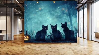 Halloween background with spooky silhouettes of black cats and pumpkins Wall mural