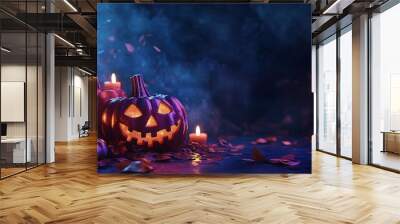 Mystical Halloween Glow: Jack-o'-lanterns with flickering candlelight, enveloped in a blue and pink mystical haze, evoke the spirit of Halloween.   Wall mural