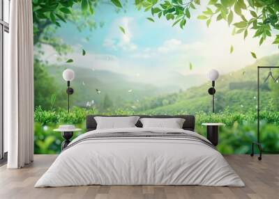 nature, tea plantation, green tea garden background with flying leaves Wall mural