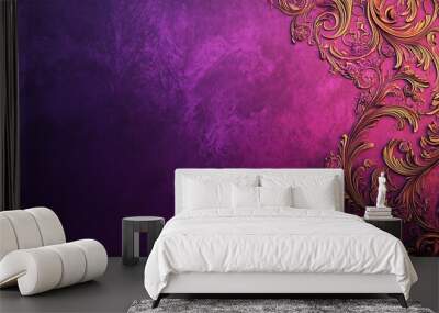 Purple and Gold Ornate Background: A luxurious and elegant background with a textured, marbled purple base and a rich gold scrollwork design along the right side.  Wall mural