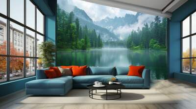 Serene Mountain Lake: A tranquil vista of a pristine lake nestled amidst towering mountains, shrouded in a soft mist, evokes a sense of peace and wonder.  Wall mural