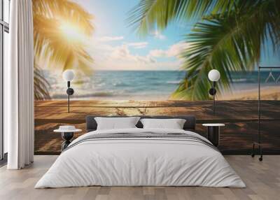 Summer holiday concept: Wooden table with coconut palm tree at the beach background Wall mural