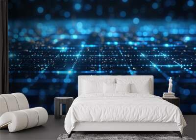 tech background with a grid of glowing blue lines on a dark surface Wall mural