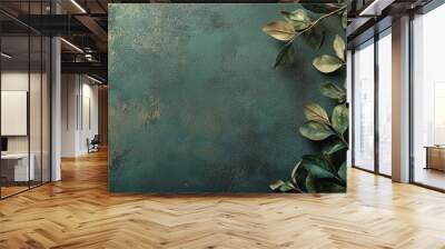 Verdant Elegance on Emerald Canvas: Lush green leaves cascade against a textured, teal backdrop with gold accents, offering a serene and sophisticated setting for nature-inspired designs. Wall mural