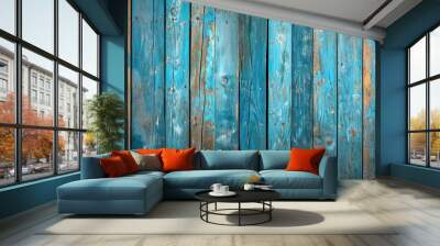 vintage beach wood background - old blue color wooden plank Wall mural