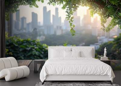 Wood table top on blur of window glass and abstract green from garden with city view in the morning background. Wall mural